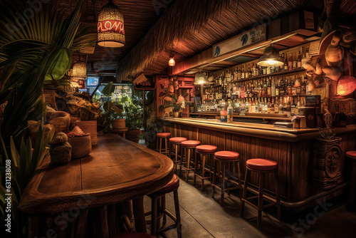 AI generative image of interior of themed Tiki Bar with its polynesian culture