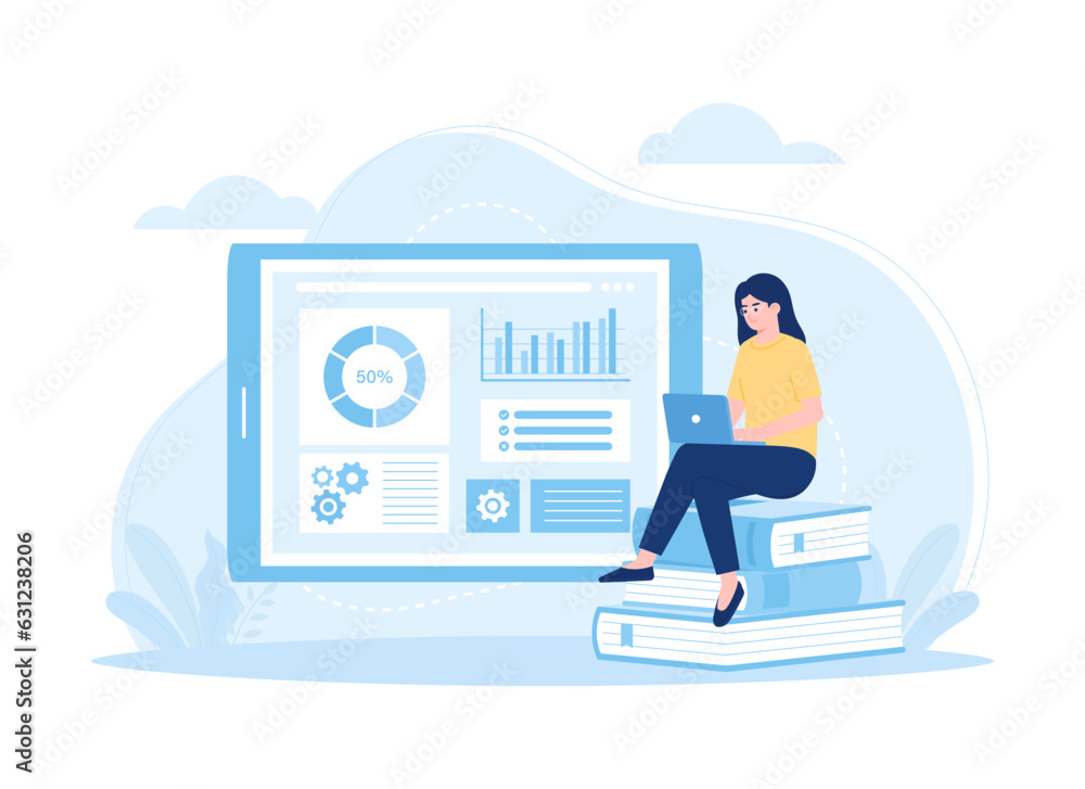 Business woman analyzing data on screen concept flat illustration Business woman analyzing data on screen concept flat illustration