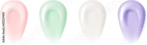 Color correcting concealer. Purple, green, pink cream texture. Liquid highlighting lotion smear as cosmetics makeup foundation. Moisture skincare swatches of gel balm.