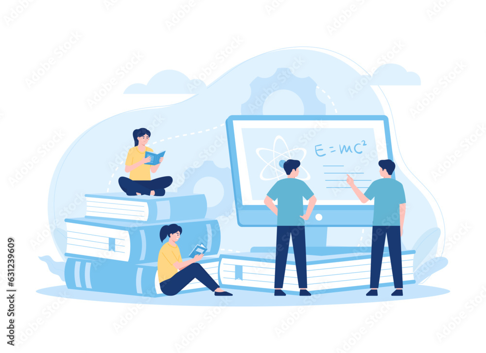 Group of people reading a book and studying online on computer screen concept flat illustration