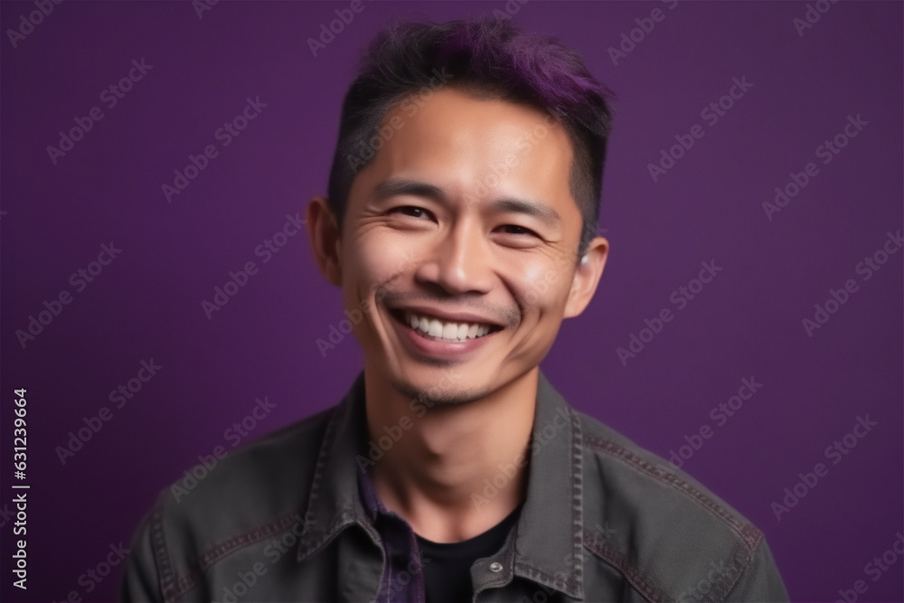 Asian mid adult man smiling on a violet background Asian mid adult man smiling on a violet background