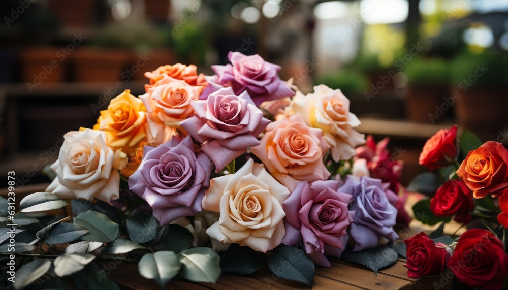 A bunch of roses sitting on a table, in the style of light violet and light orange