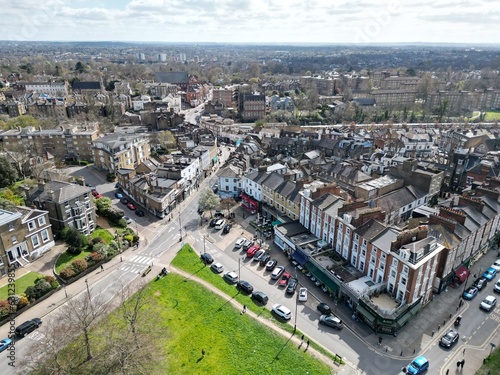Photography Terraced houses overlooking green Blackheath London UK drone aerial view