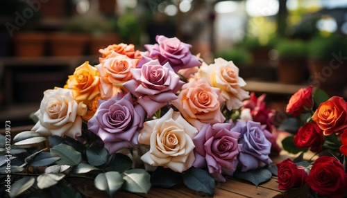 A bunch of roses sitting on a table  in the style of light violet and light orange