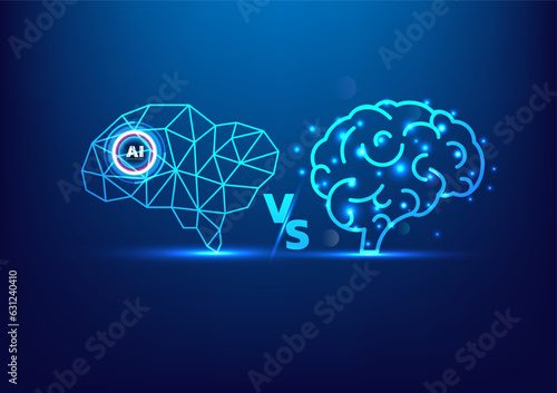 AI brain vs human brain. Artificial intelligence. Smart ai chat bot communicates with human. chat with ai. Humans ask bot. Technology blue background.