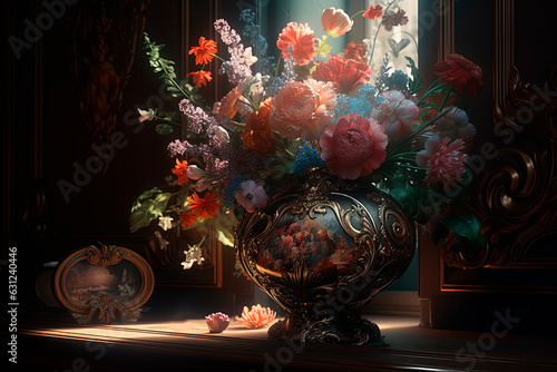 Vase in Victorian style with a beautiful bouquet of flowers. Generative AI