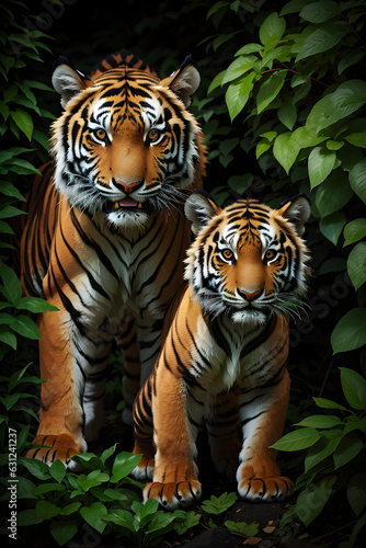 Two tigers and a cub, green leaves in background, isolated black background photo