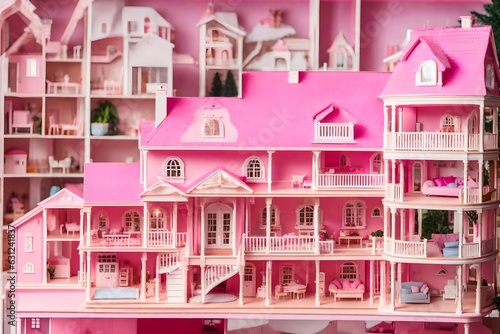  Furnished pink doll house isolated. Dollhouse