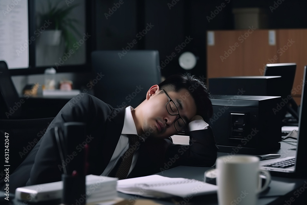 Young asian man asleep at her office desk after a long day of tireless work. Concept of work overload, overwork, burnout...
