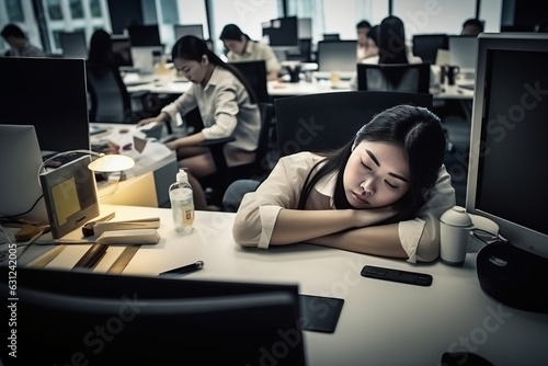 Young asian woman asleep at her desk on a office full of workers after a long day work. Concept of work overload, overwork, burnout... photo