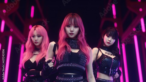 Female Korean K-pop idols with neon lit background, Kpop stars performing on stage