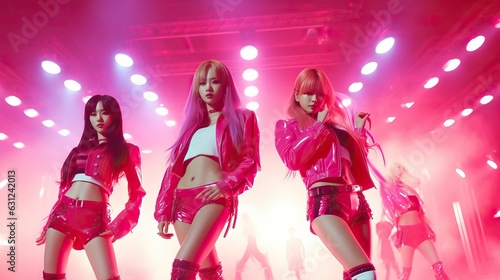 Female Korean K-pop idols with neon lit background, Kpop stars performing on stage