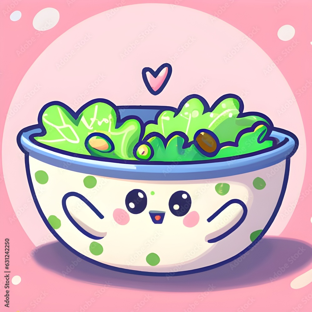 cute kawaii salad illustration, salad art, bowl, cute kawaii illustration, cute kawaii illustrations of food, cute kawaii illustration, cute kawaii salad illustration, kawaii art, food art, salad