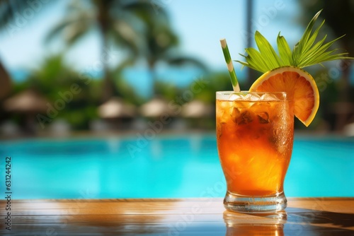 close up details of sleek and chick cocktail, refreshment drink served cold at resort. Pool and beach details, vacation setting