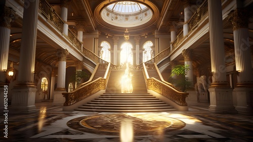 3D rendering of the interior of a theater with a golden staircase
