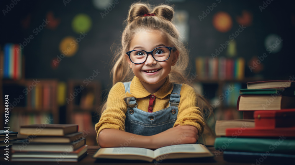 Little schoolgirl smiling while sitting in front of books against a book shelf background. Created with Generative AI technology. Little schoolgirl smiling while sitting in front of books against a book shelf background. Created with Generative AI technology.