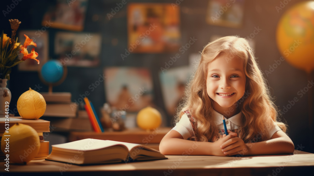 Little schoolgirl smiling while sitting in front of a book against a ...