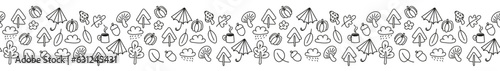 Autumn doodle seamless border. Naive childish fall symbols, leaves, mushrooms, cloud, umbrella, trees, pumpkin, acorn. Abstract line frame. Vector illustration isolated on white background