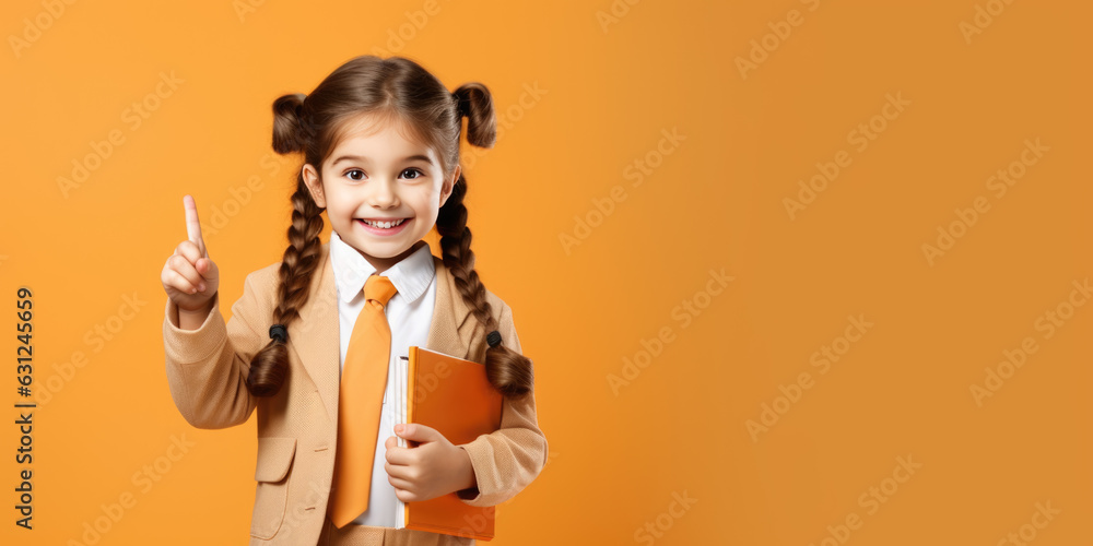 Cheerful happy young small schoolgirl points up with her index finger and standing in front of isolated pale orange background.Created with Generative AI technology. Cheerful happy young small schoolgirl points up with her index finger and standing in front of isolated pale orange background.Created with Generative AI technology.