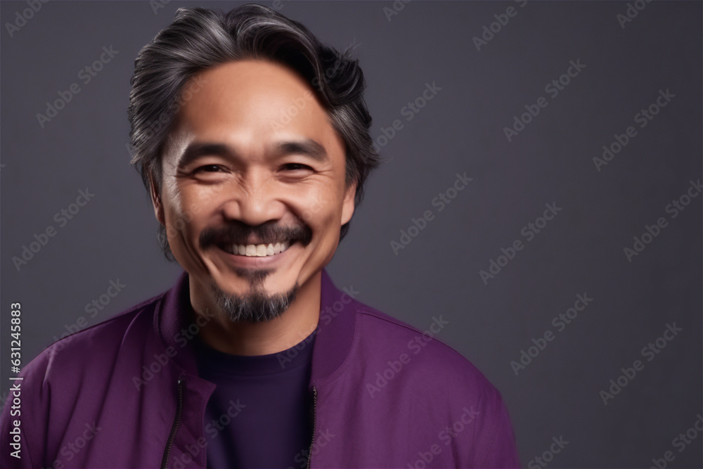 Asian mid adult man smiling on a grey background Asian mid adult man smiling on a grey background