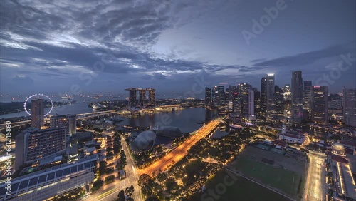 Aerial view of urban skyline and cityscape in Marina Bay Singapore.	
