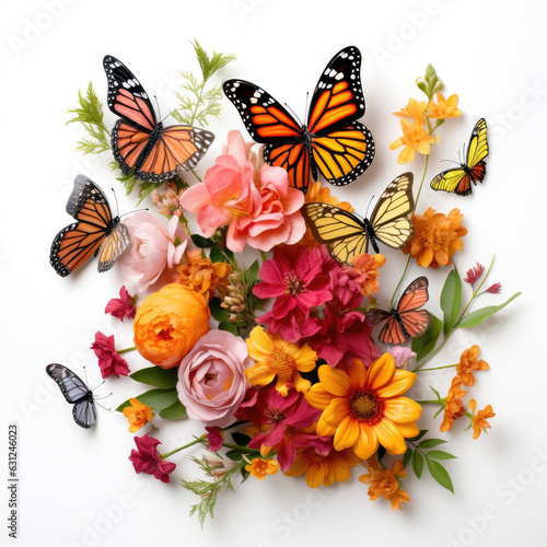 Set of flowers with some monarch butterflies flying around them © Veniamin Kraskov