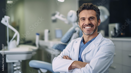Canvas Print Smiling dentist standing with his arms folded in front of the dentist's office