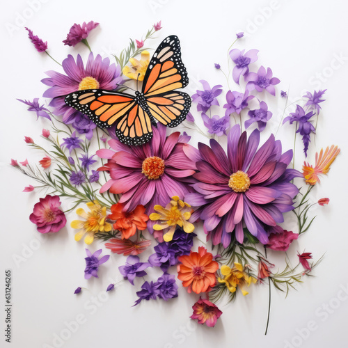 Set of flowers with some monarch butterflies flying around them
