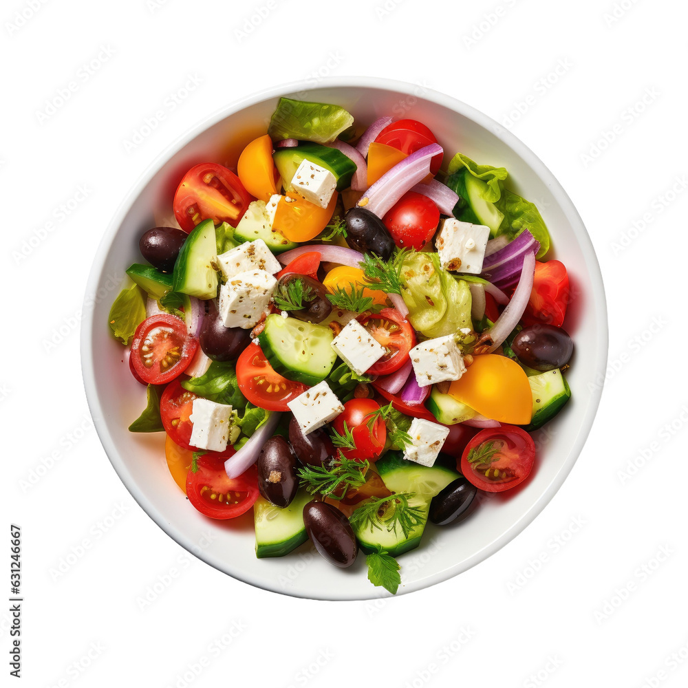 Top view of a Greek salad on a transparent backround, promoting proper nutrition. Top view of a Greek salad on a transparent backround, promoting proper nutrition.