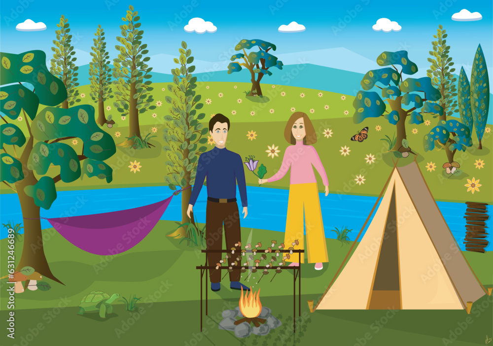 Fototapeta premium People in nature with a tent and a hammock are frying mushrooms on a grill. vector illustration.