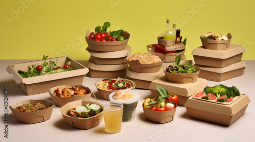 Healthy take away food and drinks in disposable eco friendly paper containers on gray background, top view. Created with Generative AI technology.