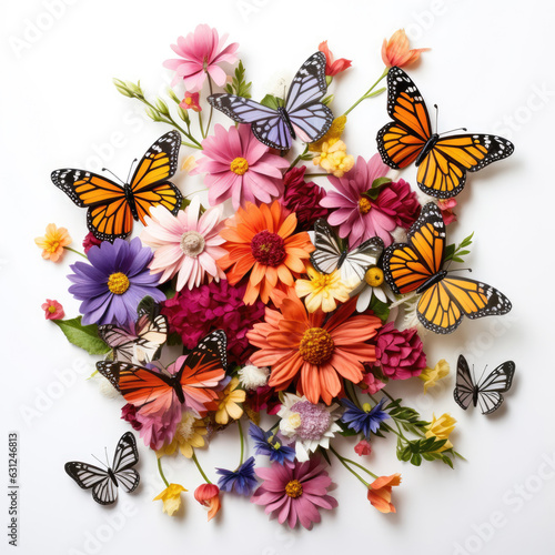 Set of flowers with some monarch butterflies flying around them