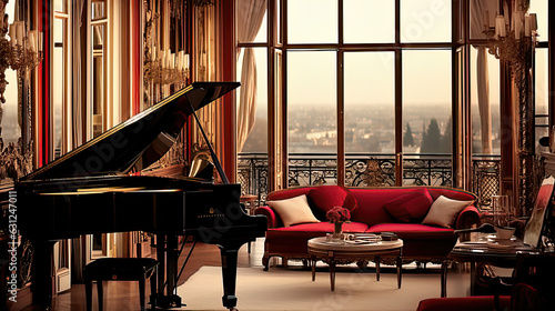 Elegant room interior with grand piano created with Generative AI technology photo