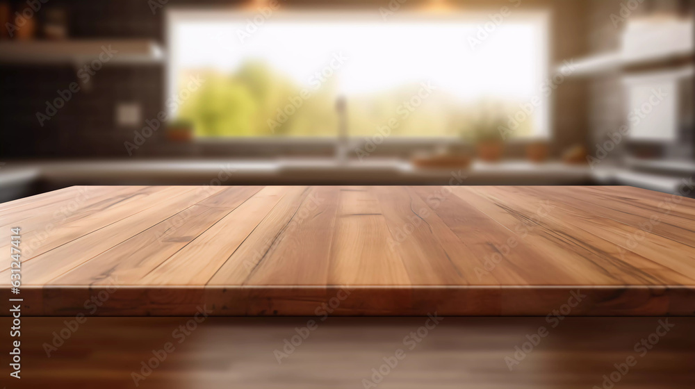 empty wooden table with a blurry kitchen. ai generated empty wooden table with a blurry kitchen. ai generated