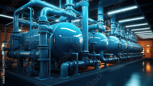 The Industrial Boiler Room and Water Treatment Facility with Blue Pumps and Stainless Metal Pipes