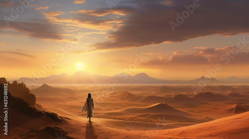young woman in the desert at sunset time. ai generated  © Johannes