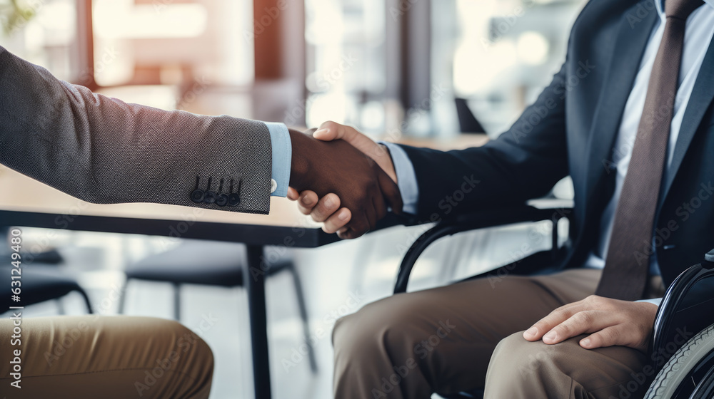 Close-up view of co-workers shaking hands. Businessman and disabled colleague on wheelchair. Close-up view of co-workers shaking hands. Businessman and disabled colleague on wheelchair.