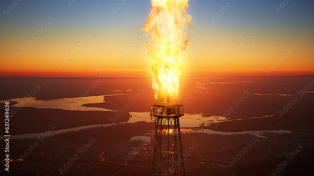 Aerial view to gas flare stack of petroleum refineries sunset background, Generative AI