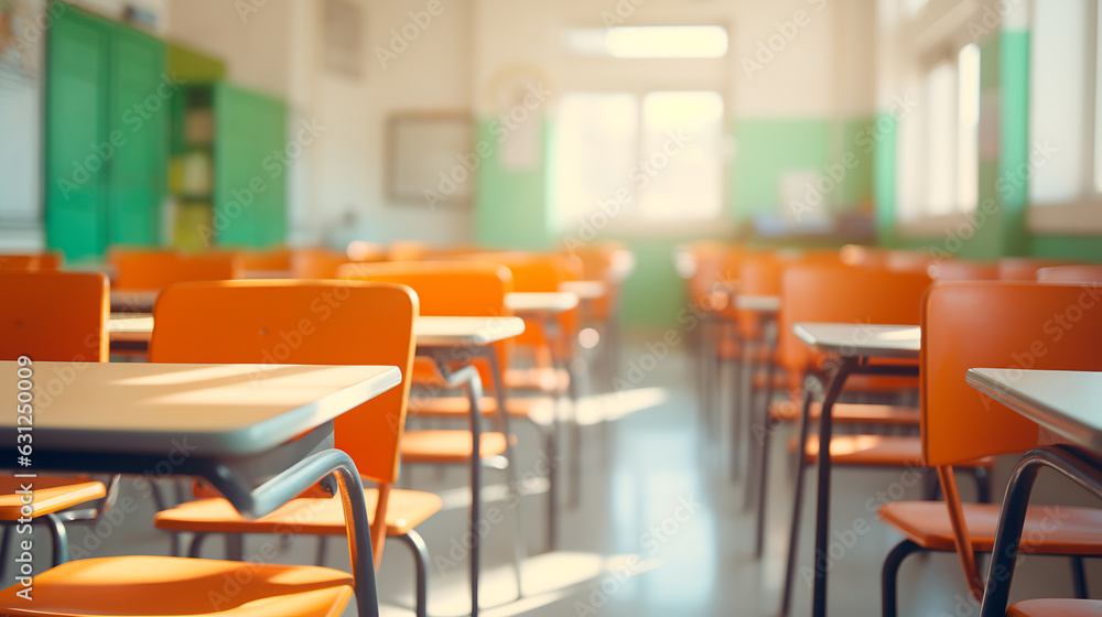 Blurry view of elementary class room no kid or teacher with chairs and tables in campus.Created with Generative AI technology. Blurry view of elementary class room no kid or teacher with chairs and tables in campus.Created with Generative AI technology.