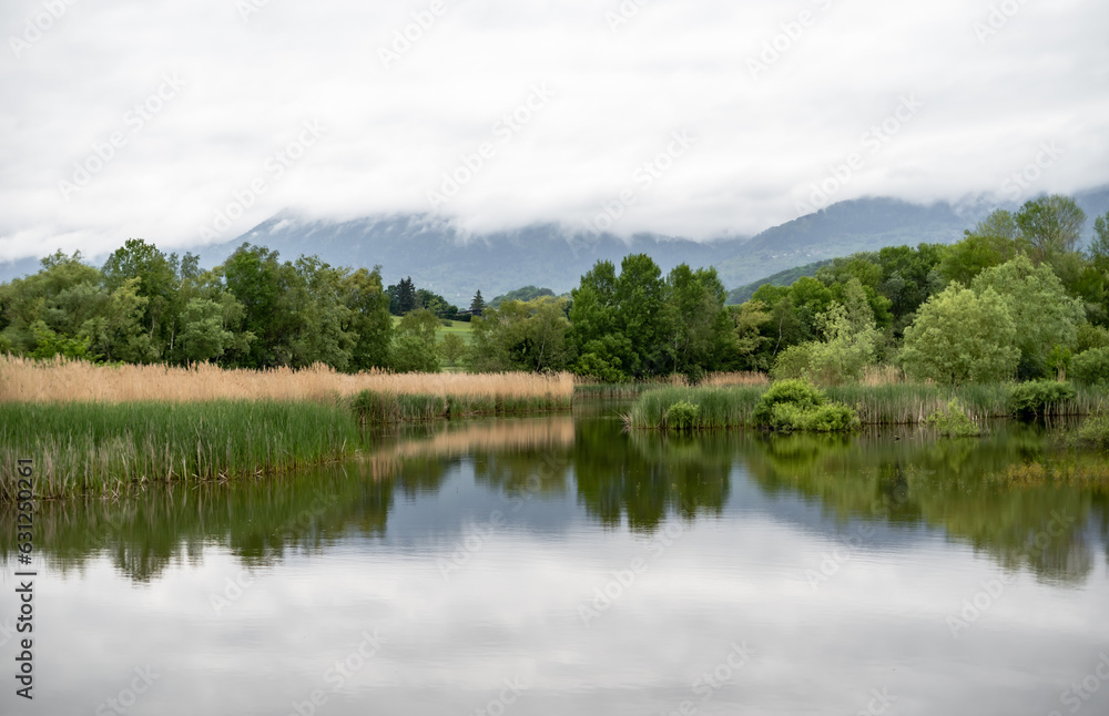 Fototapeta premium Serenity in the French Alps: Reflective Tranquility at Jarrie Pond