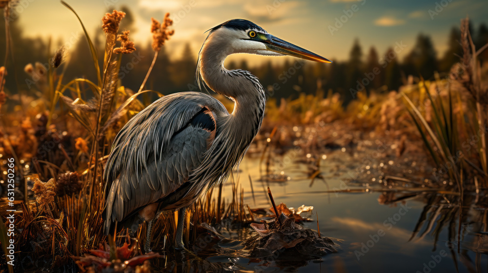 Fototapeta premium Serenity in Motion: Heron-like Bittern in the Marsh. Generative AI