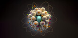 An enlarged model of an atom with a nucleus of protons on a neutral abstract background, wallpaper. AI generated