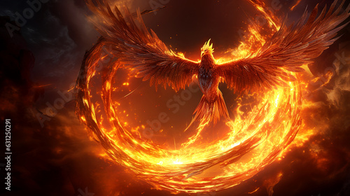 mystery fire red phoenix flying out from fire flaming burn ring. Generative ai.