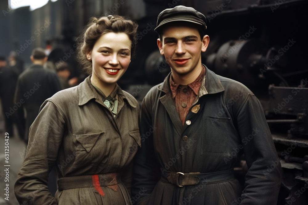 London factory workers from the 1940s pose in their work clothes. London factory workers from the 1940s pose in their work clothes.