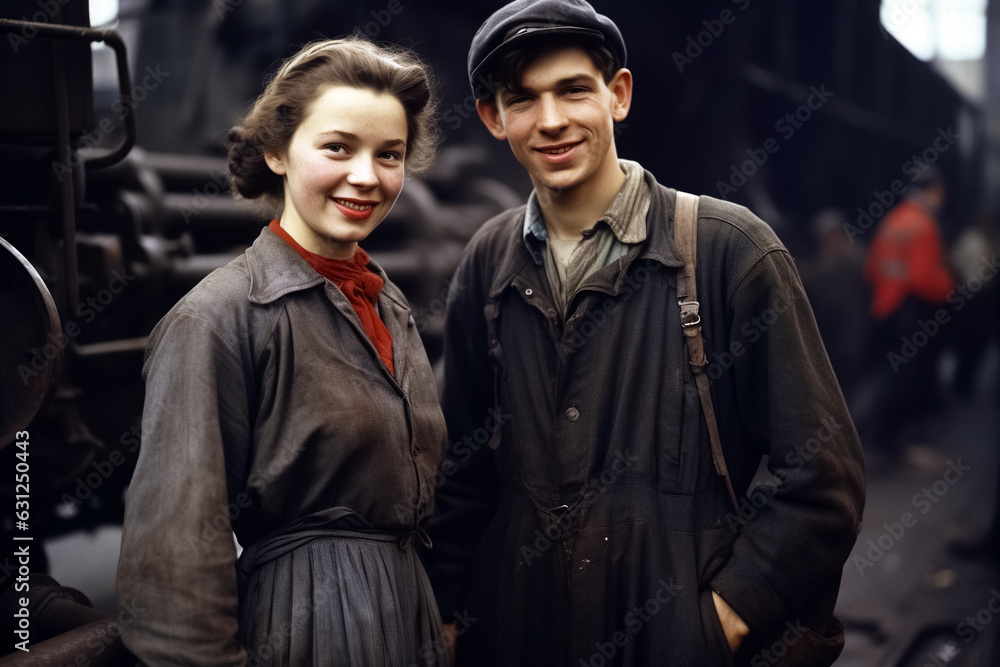 London factory workers from the 1940s pose in their work clothes.