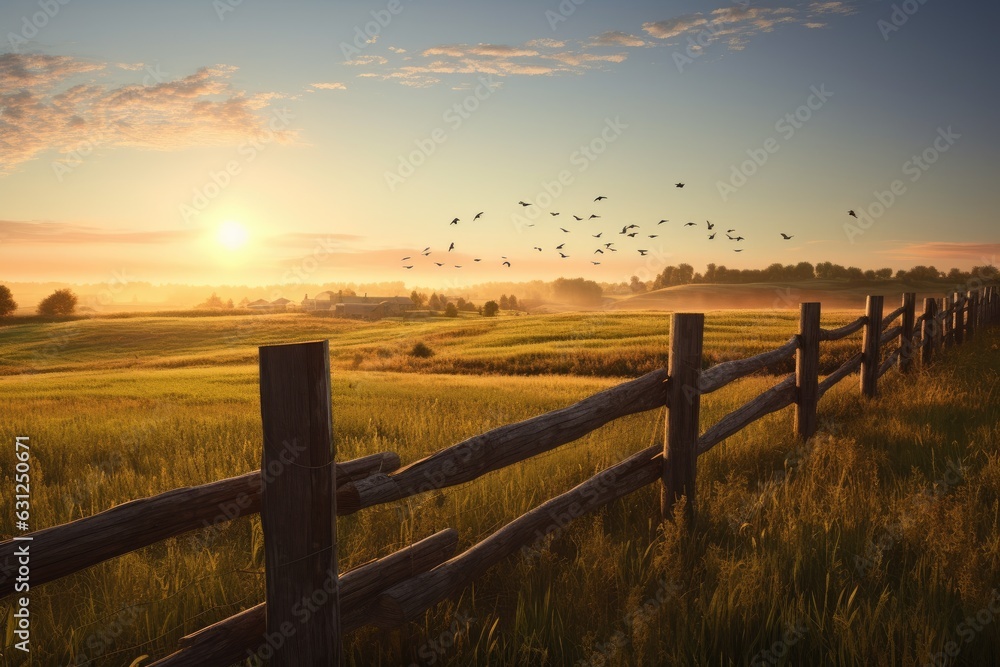 Fototapeta premium Wooden fence and pasture Generative Ai