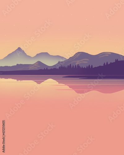 Cartoon Illustration of Purple Mountains along the Water