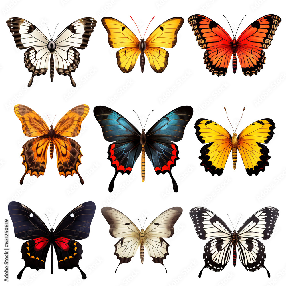 Collection of different types of beautiful colorful butterflies on a transparent background.