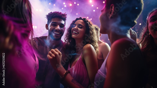 Young girl dancing in a nightclub surrounded by friends.