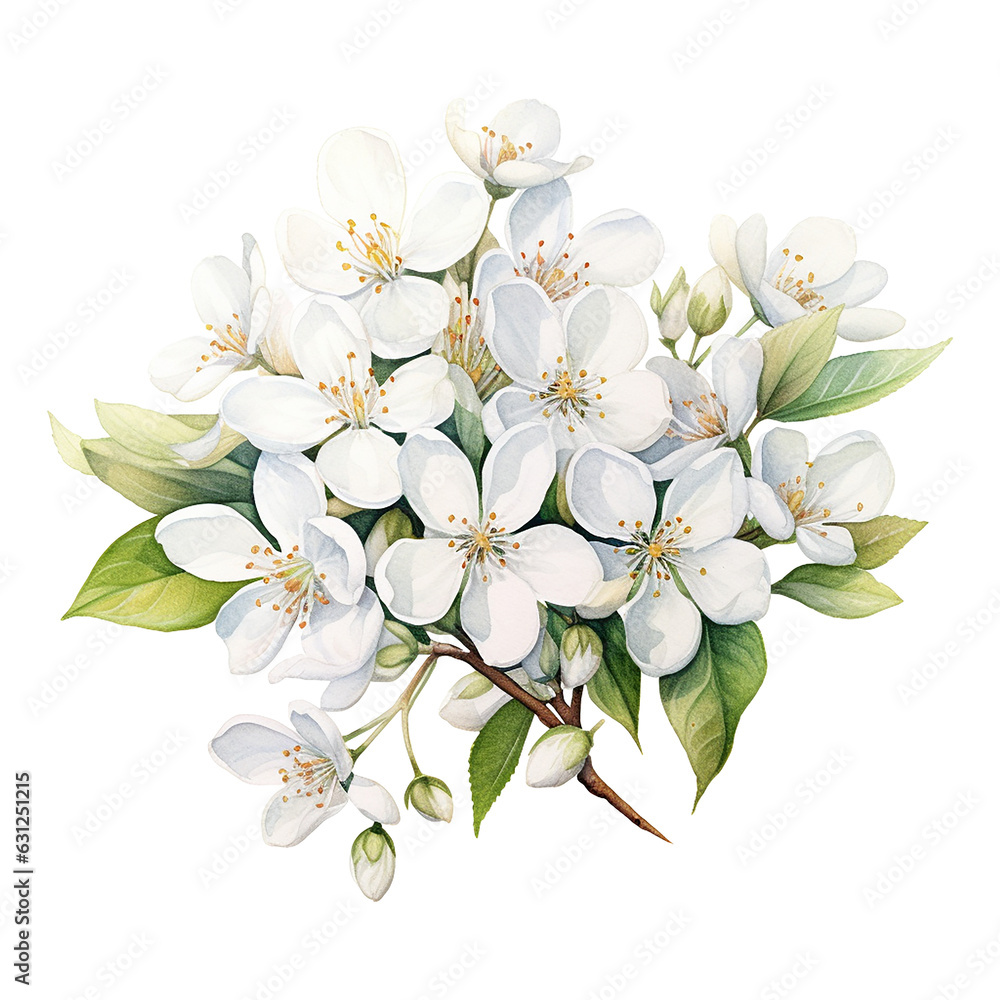 watercolor drawing, white jasmine flowers. illustration in realism style, vintage